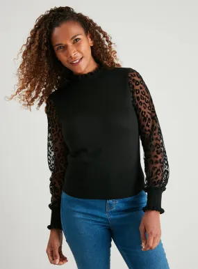 Buy Black Flocked Animal Print Sheer Sleeve Jumper - 24 | Jumpers | Tu