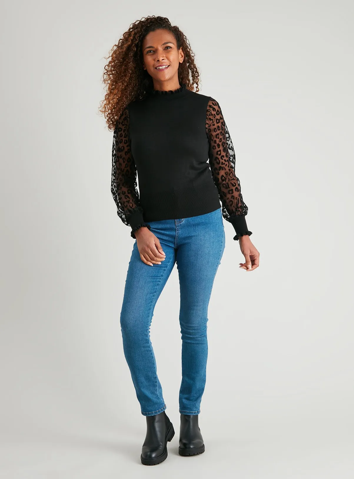 Buy Black Flocked Animal Print Sheer Sleeve Jumper - 24 | Jumpers | Tu