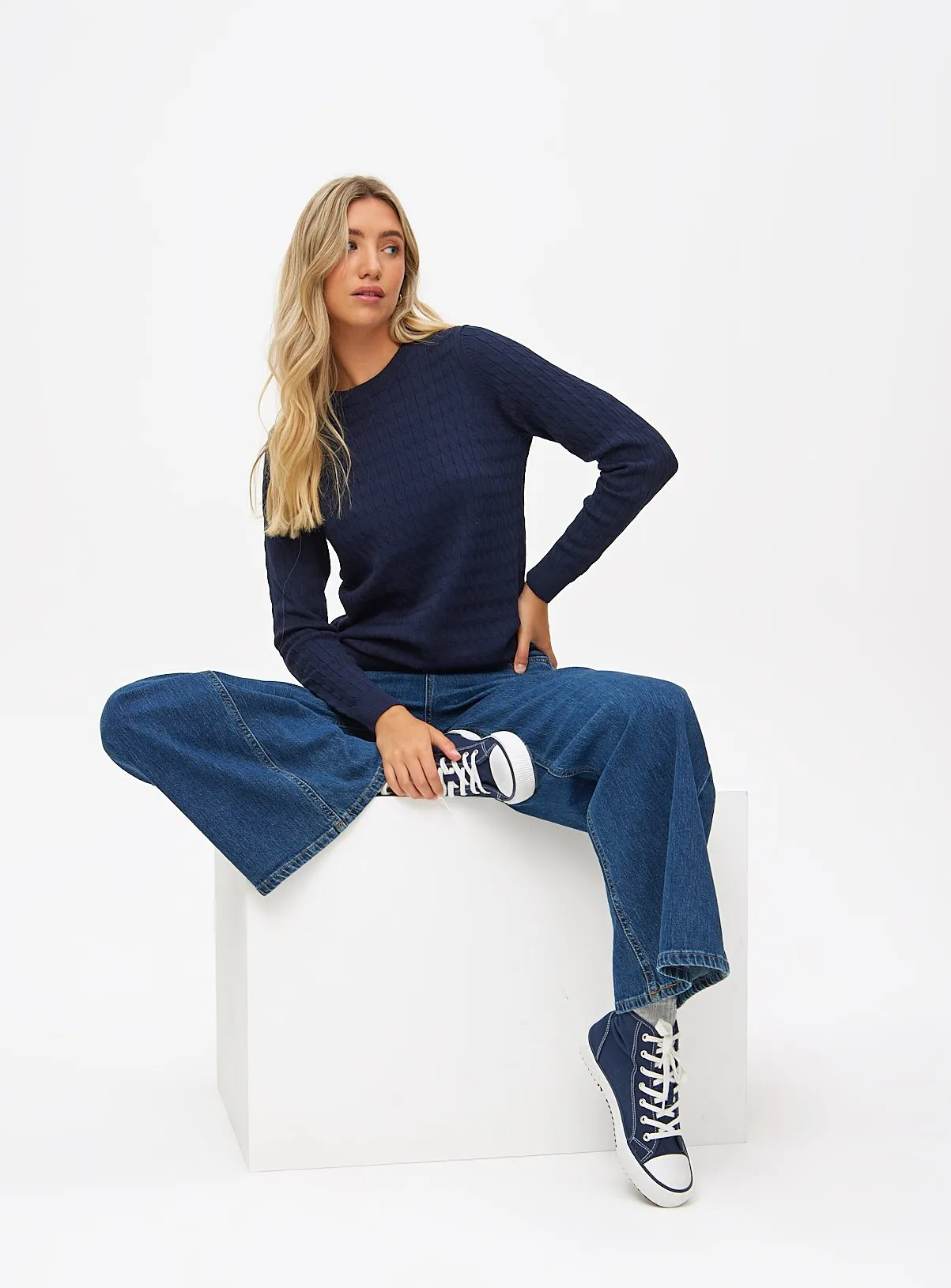 Navy Cable Detail Crew Neck Jumper for Women | Size 16 | Tu Clothing