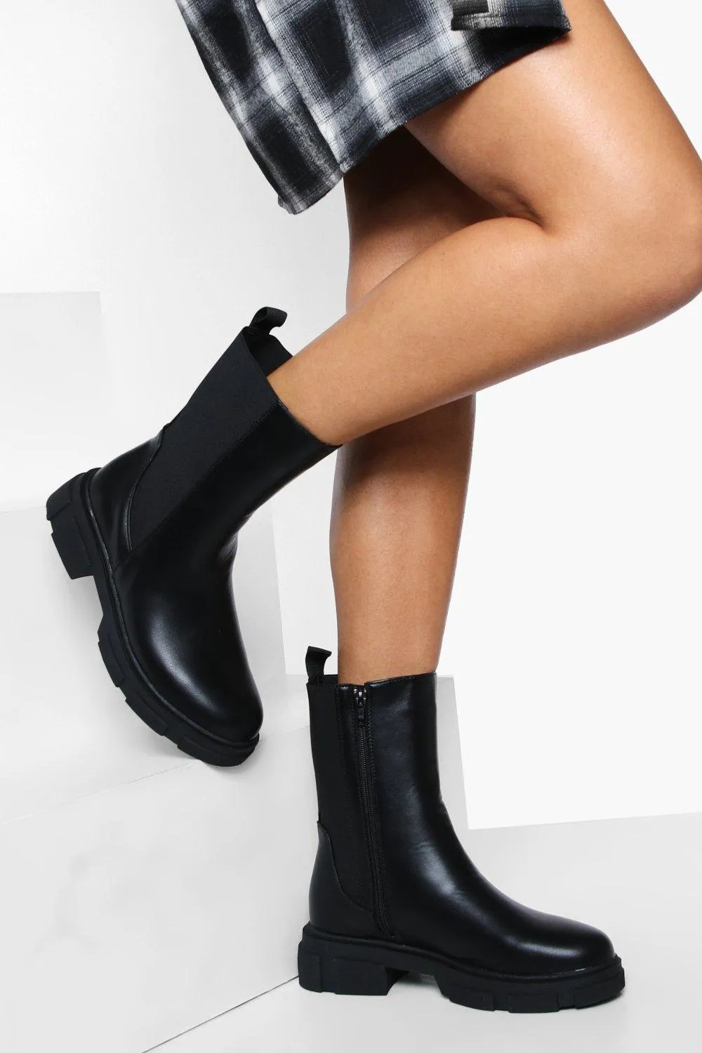 Calf High Cleated Sole Chelsea Boots