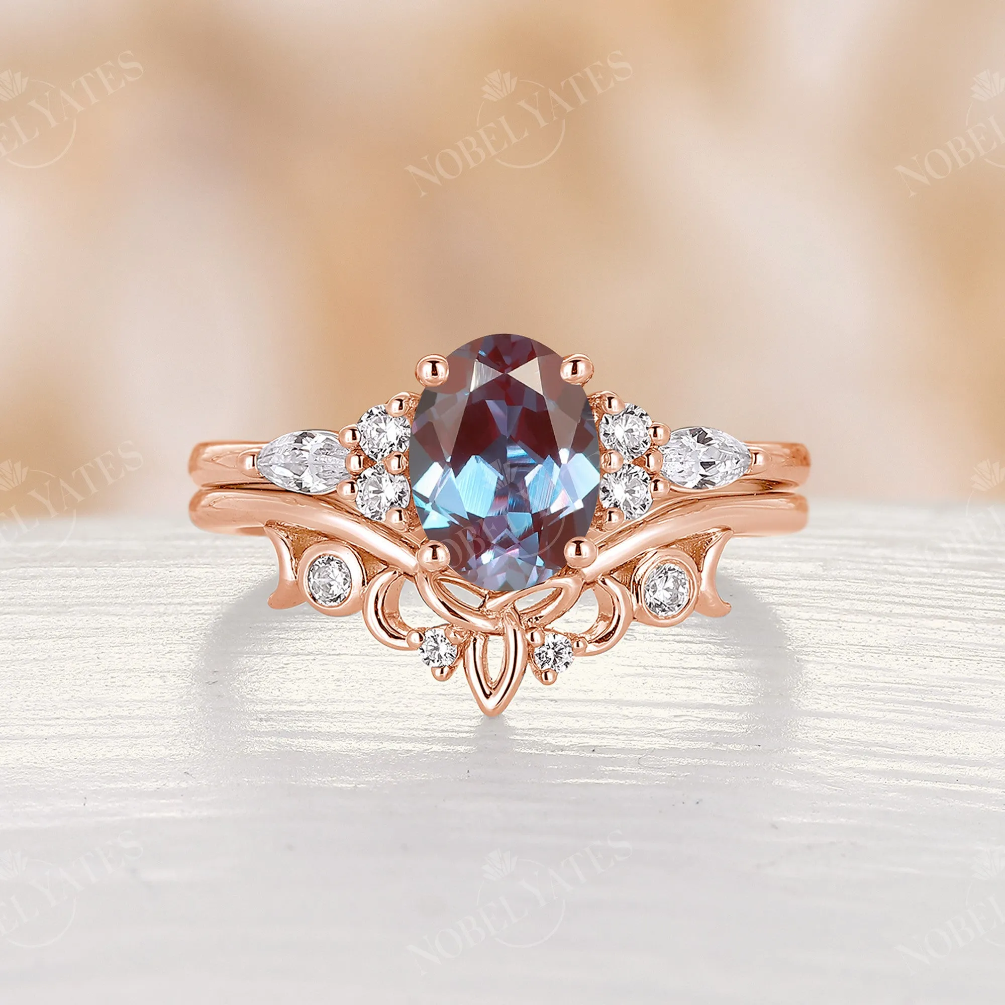 Celtic Oval Cut Lab Alexandrite Rose Gold Cluster Bridal Set