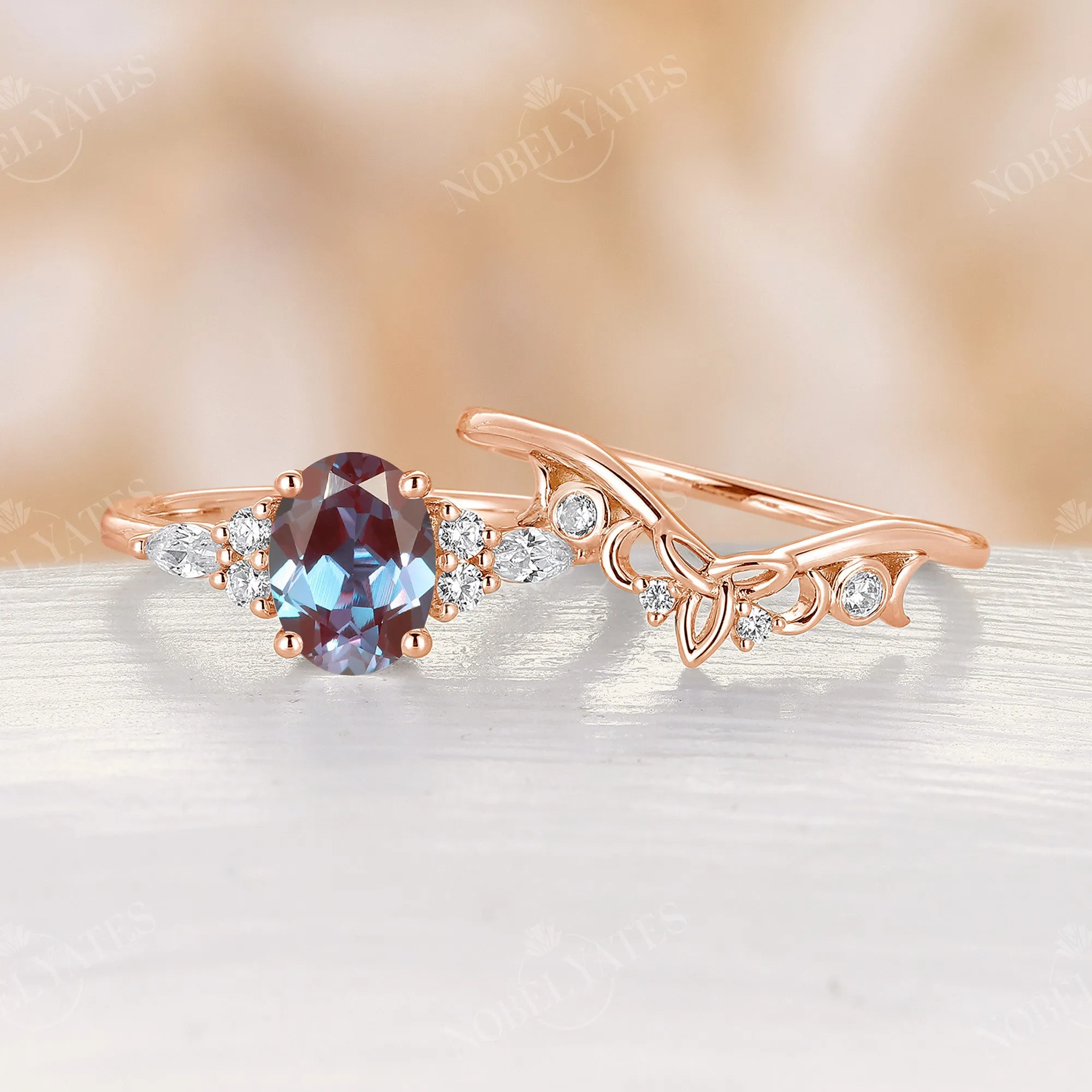 Celtic Oval Cut Lab Alexandrite Rose Gold Cluster Bridal Set