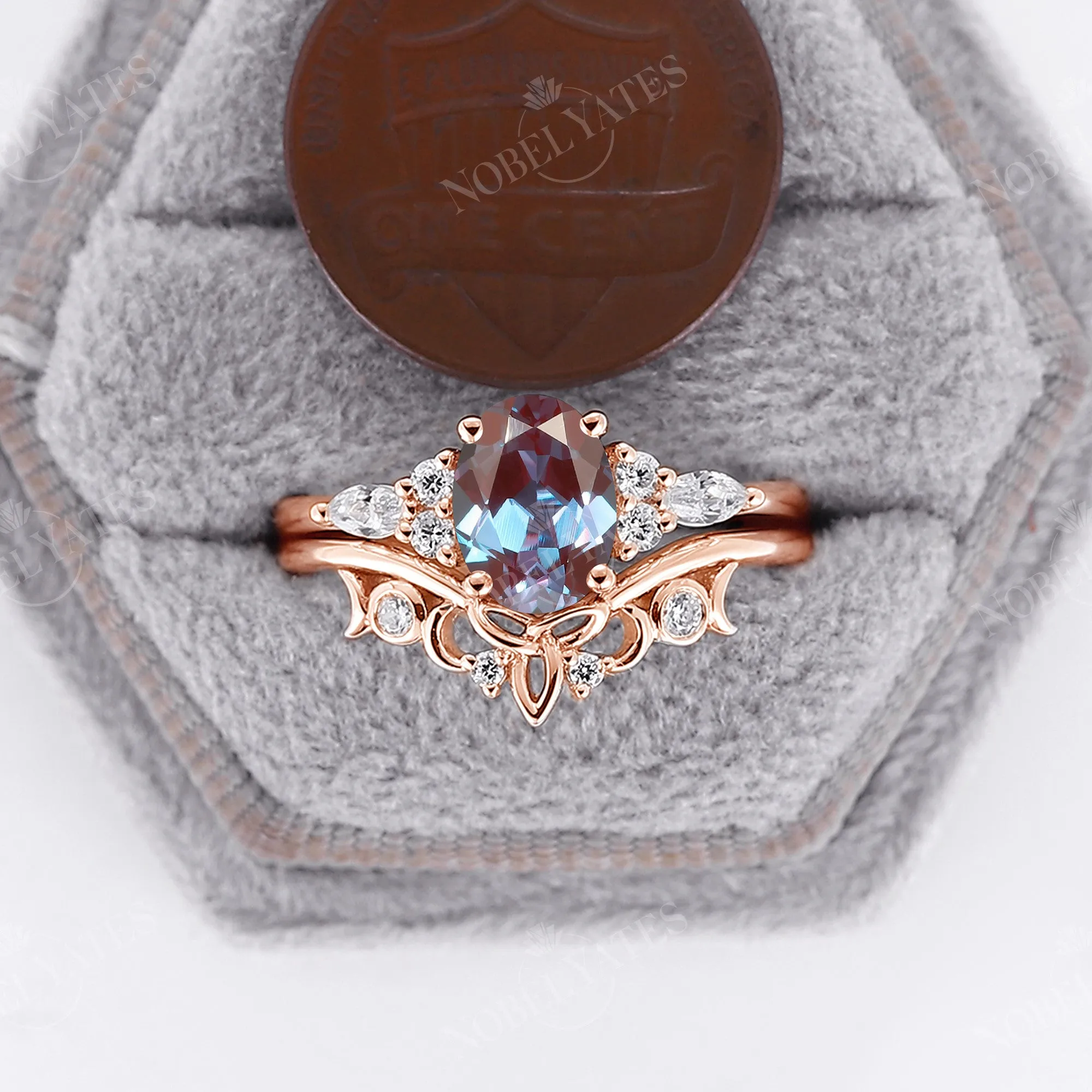 Celtic Oval Cut Lab Alexandrite Rose Gold Cluster Bridal Set