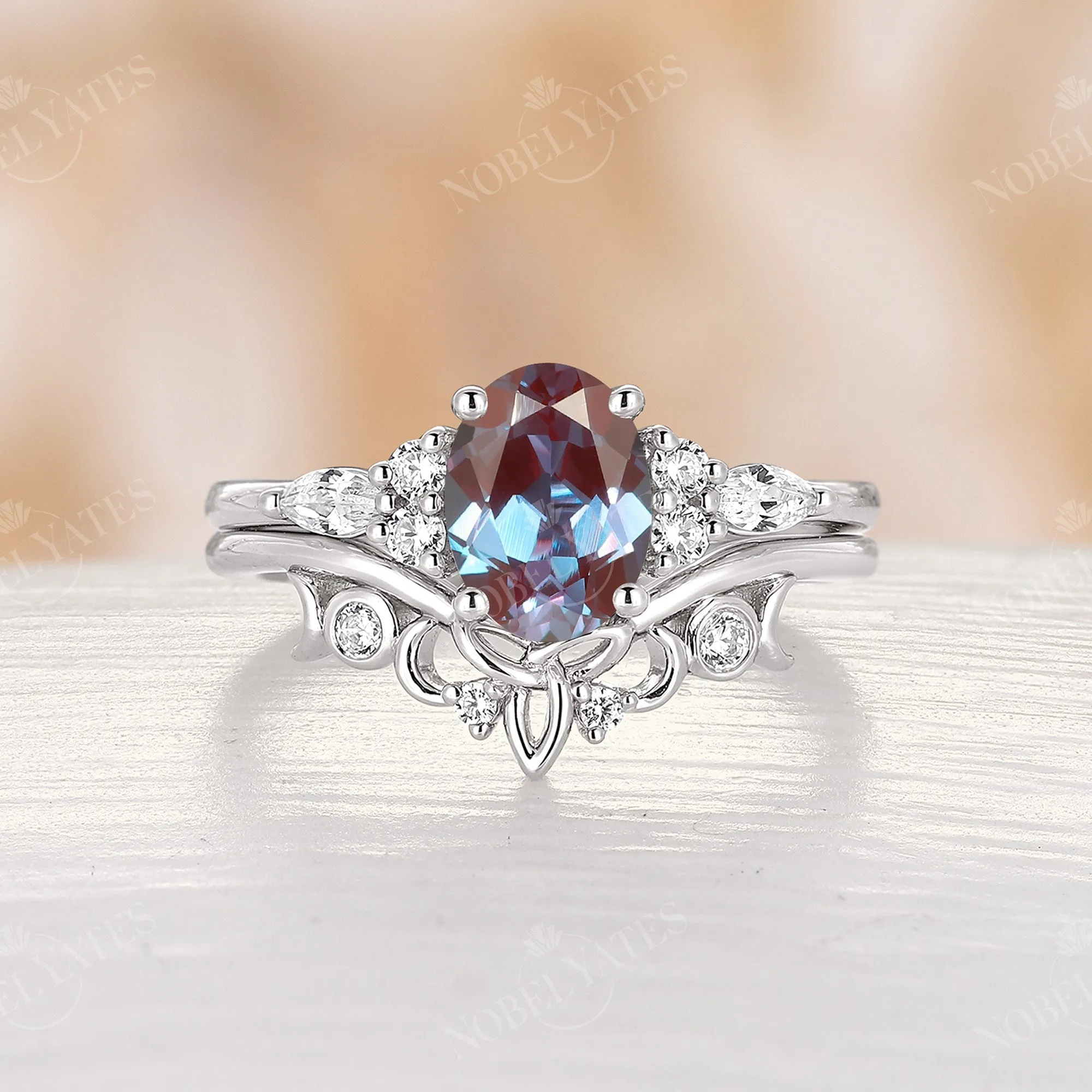 Celtic Oval Cut Lab Alexandrite Rose Gold Cluster Bridal Set