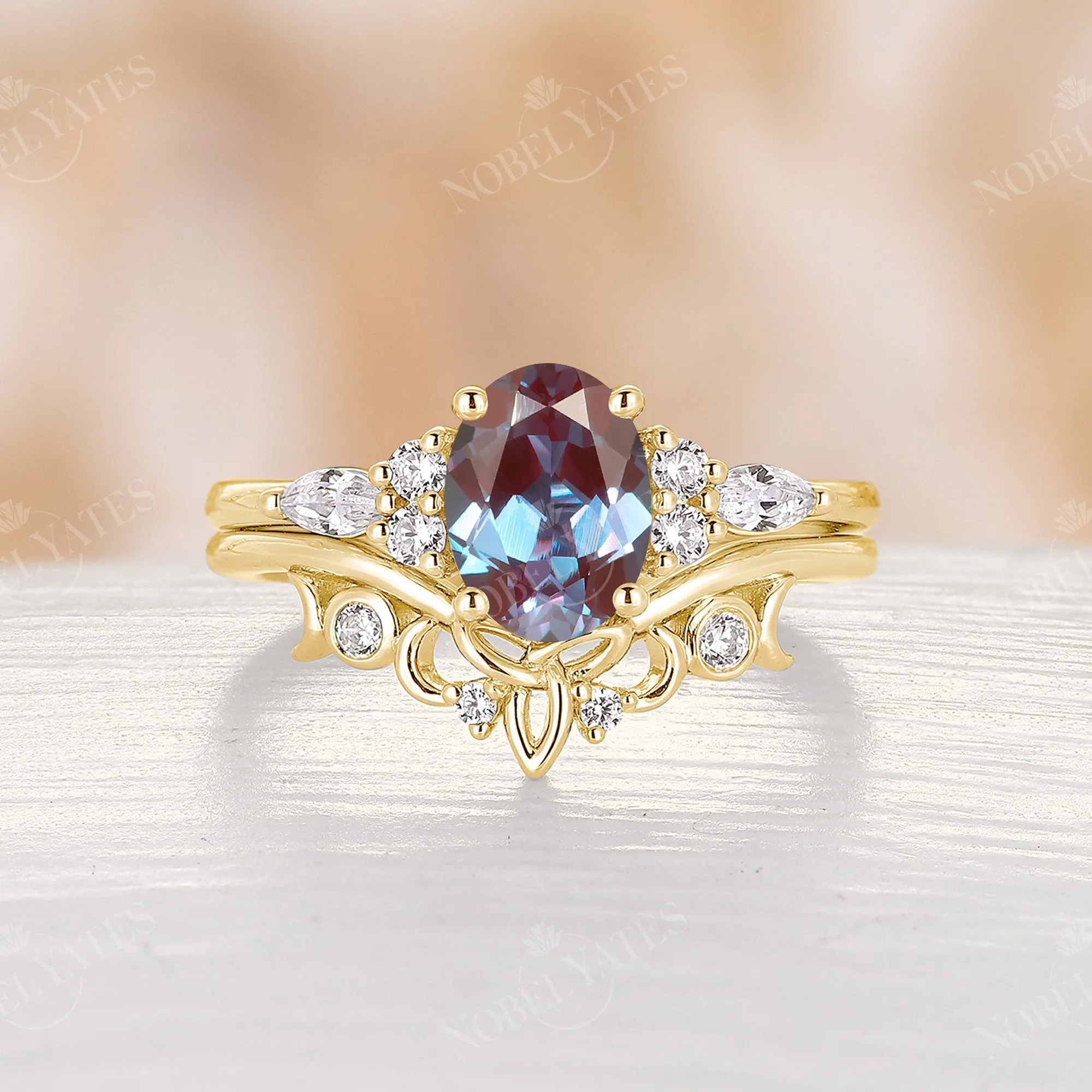 Celtic Oval Cut Lab Alexandrite Rose Gold Cluster Bridal Set