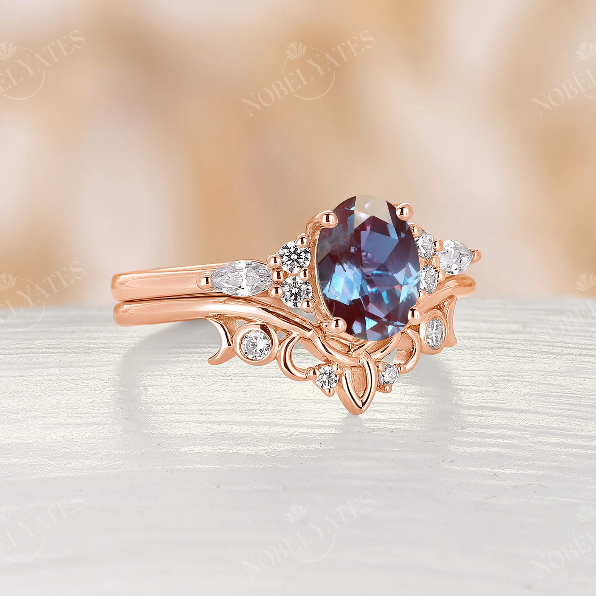 Celtic Oval Cut Lab Alexandrite Rose Gold Cluster Bridal Set