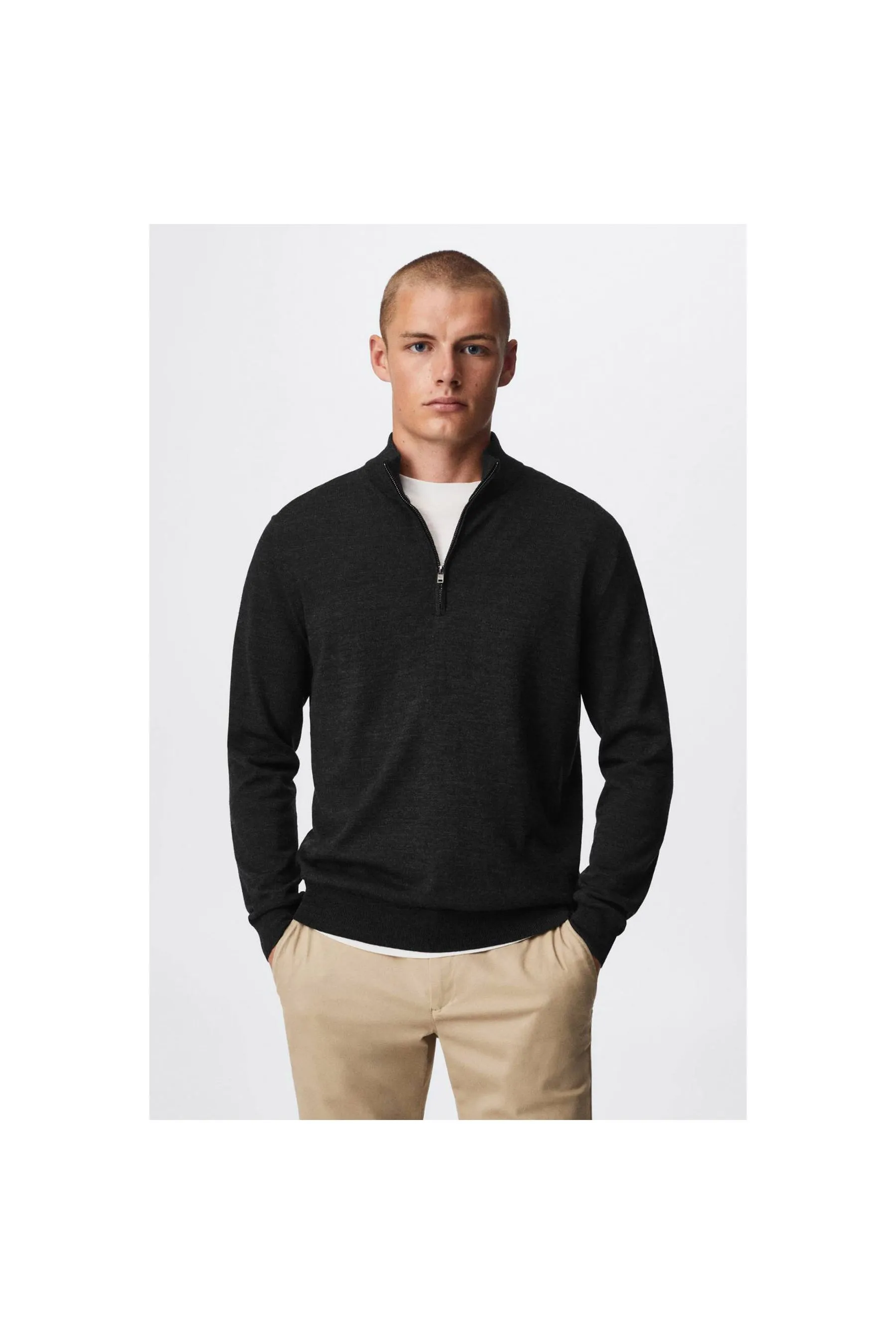 Charcoal Wool Zip Neck Jumper for Men by MANGO - Jumpers