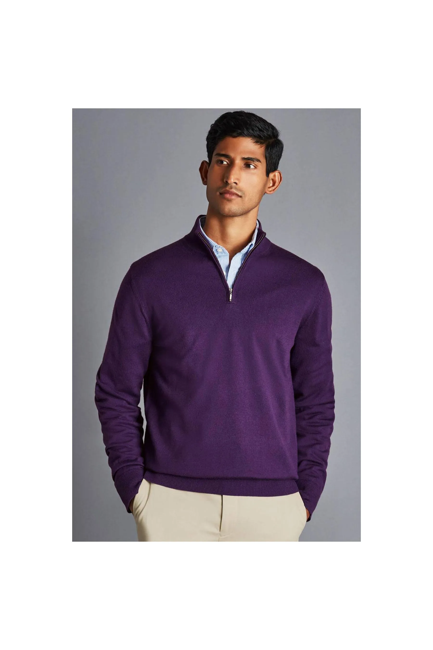 CHARLES TYRWHITT Purple Pure Merino Zip Neck Jumper  Purple Men Jumpers