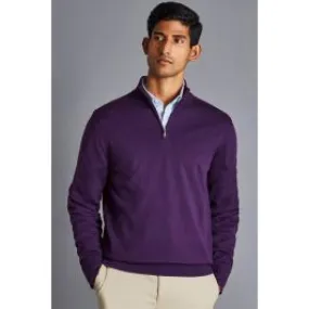 CHARLES TYRWHITT Purple Pure Merino Zip Neck Jumper  Purple Men Jumpers