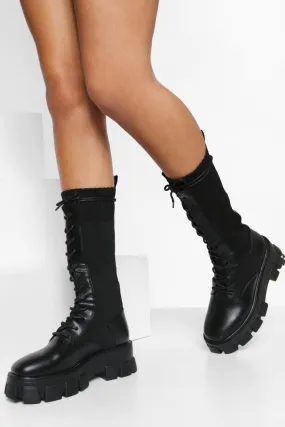 Chunky Lace Up Calf High Boots