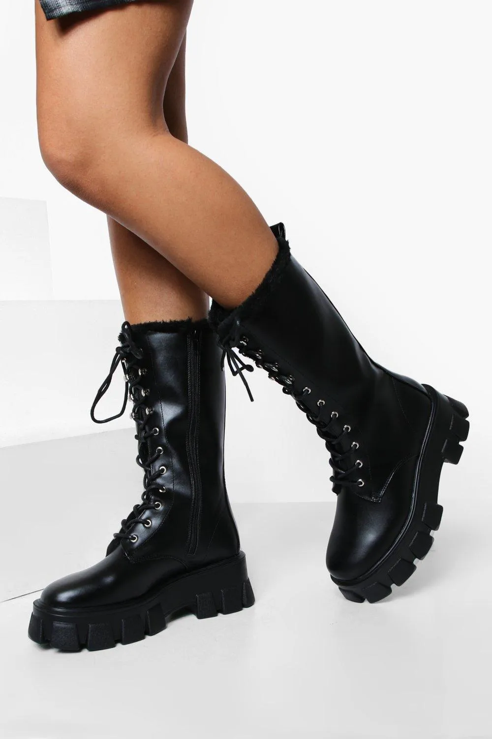 Chunky Sole Lace Up Calf High Boots