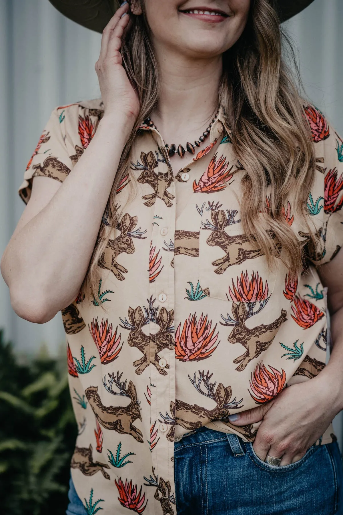 'Clovis' Jackalope Printed Short Sleeve Collared Shirt (S Only)