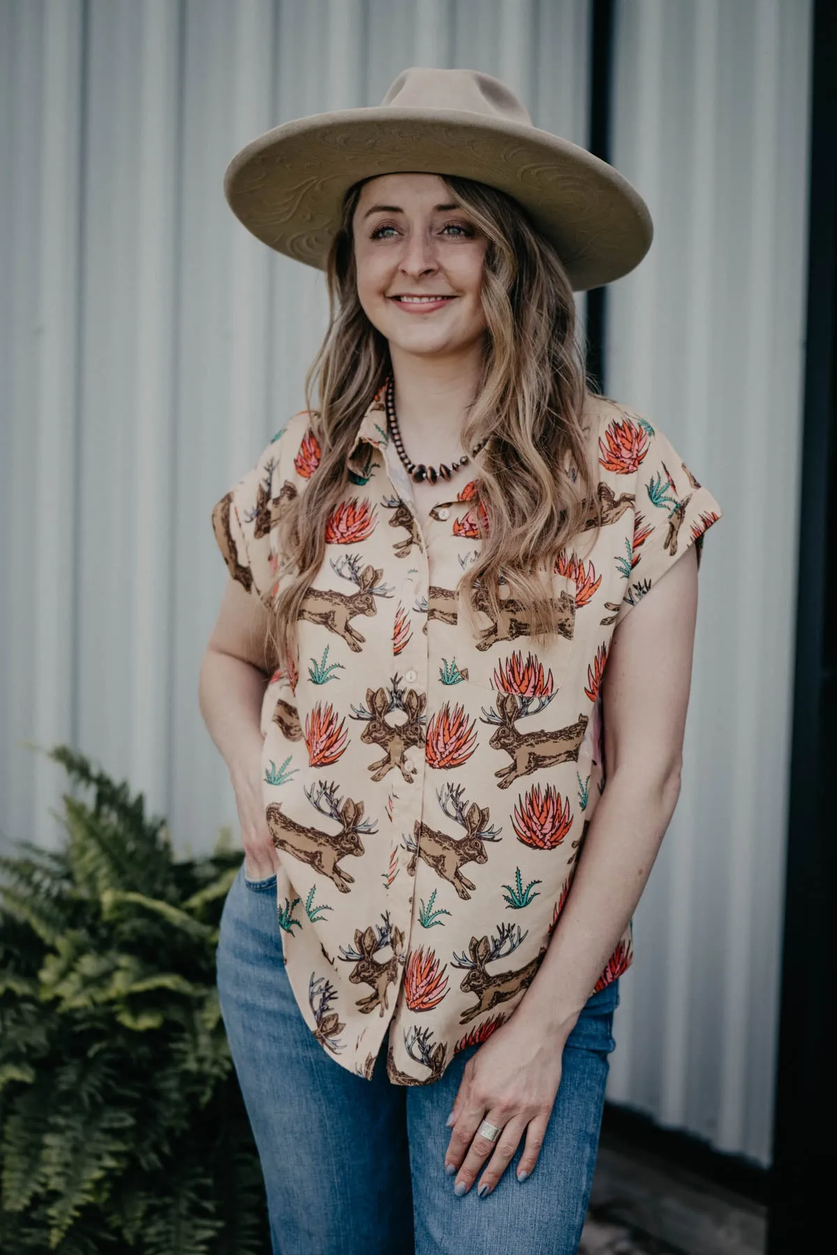 'Clovis' Jackalope Printed Short Sleeve Collared Shirt (S Only)