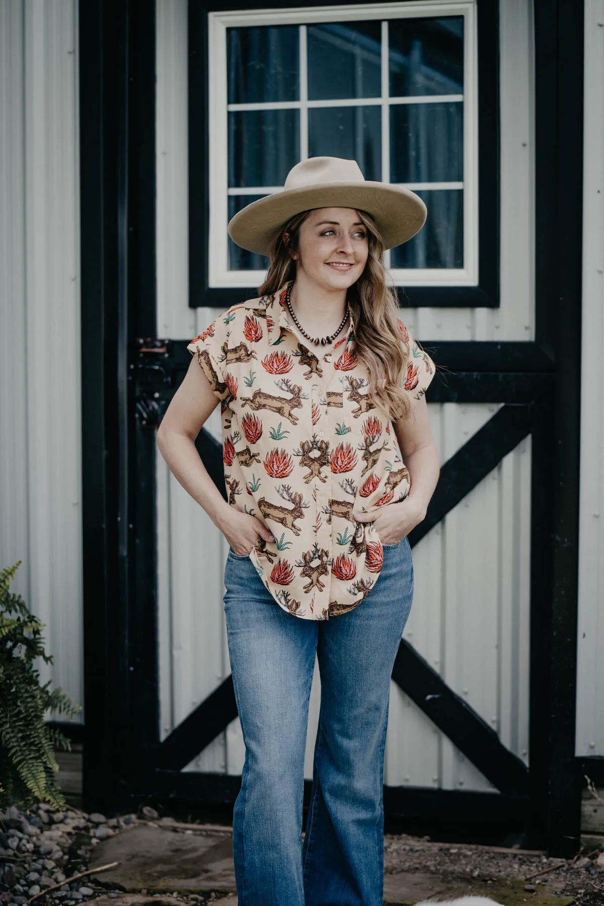 'Clovis' Jackalope Printed Short Sleeve Collared Shirt (S Only)