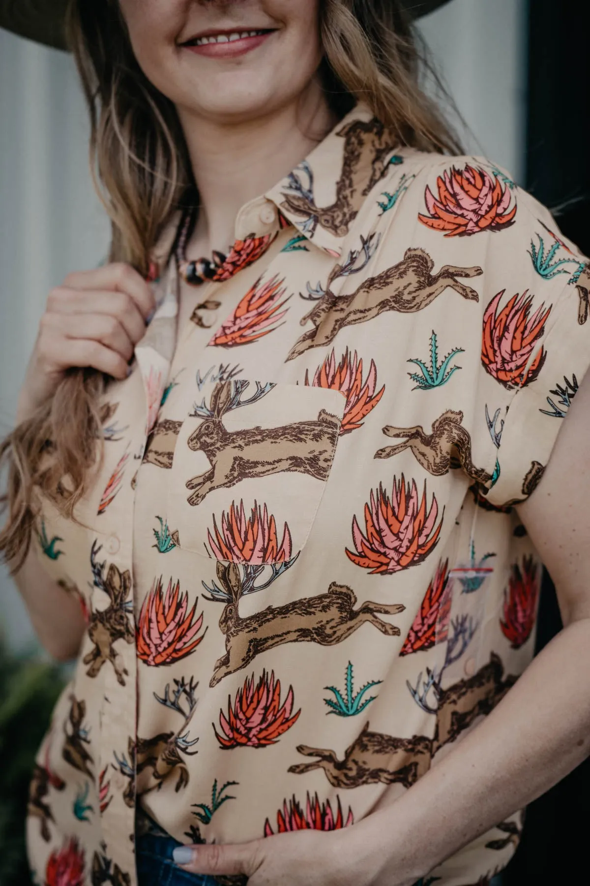 'Clovis' Jackalope Printed Short Sleeve Collared Shirt (S Only)