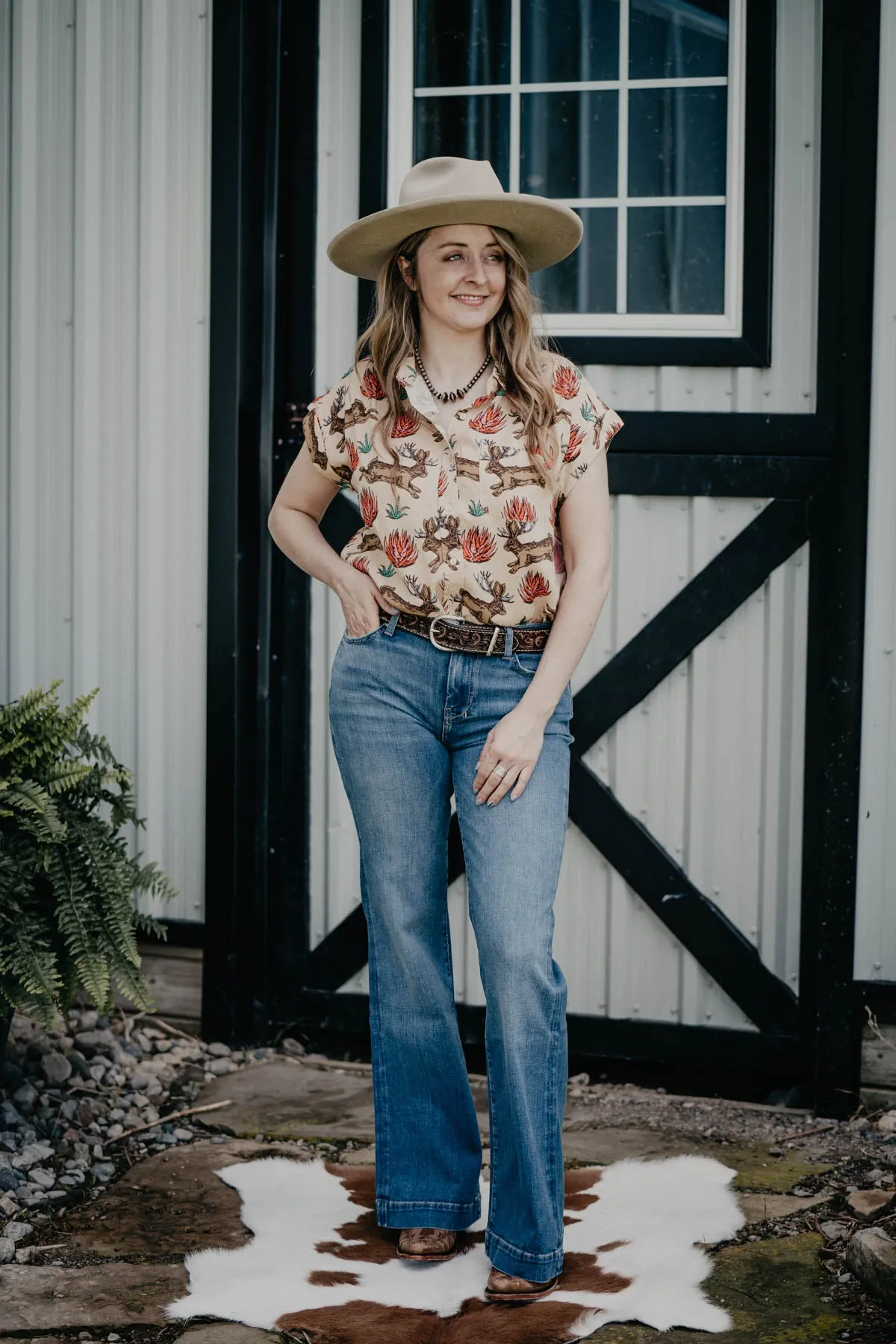 'Clovis' Jackalope Printed Short Sleeve Collared Shirt (S Only)