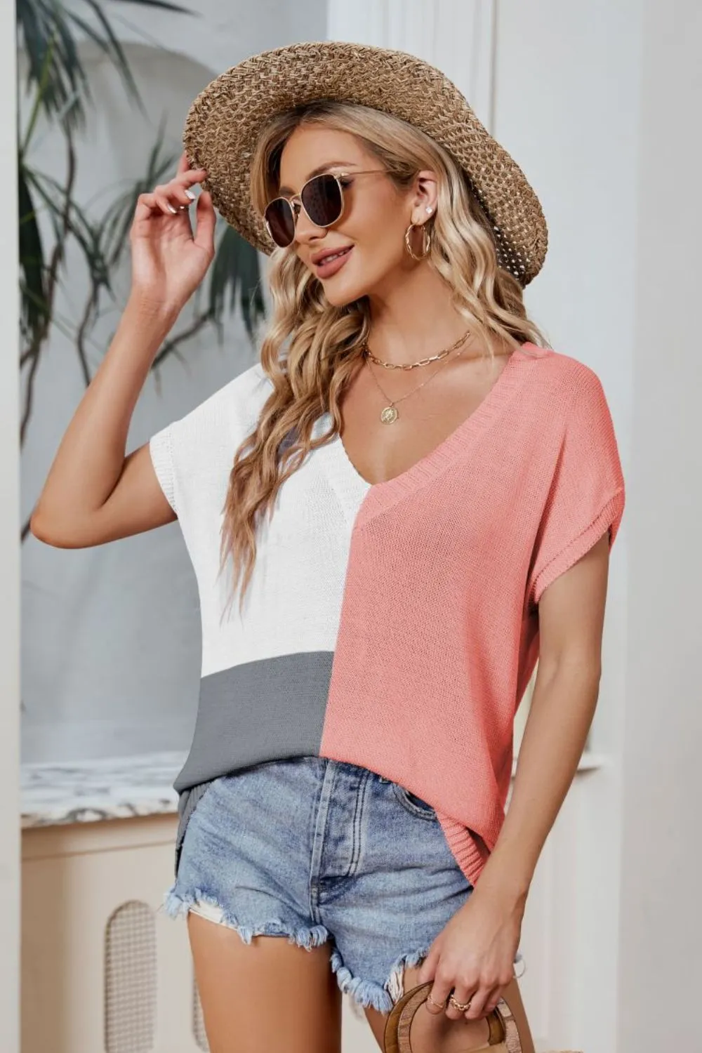 V-Neck Color Block Knit Top