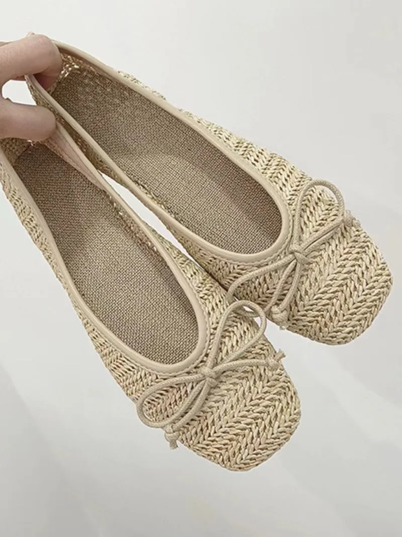 Straw Ballet Flats for Women with Comfortable Bow Design