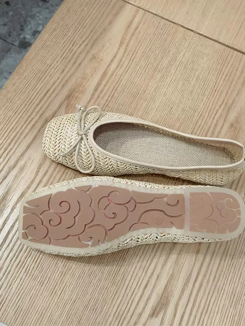 Straw Ballet Flats for Women with Comfortable Bow Design