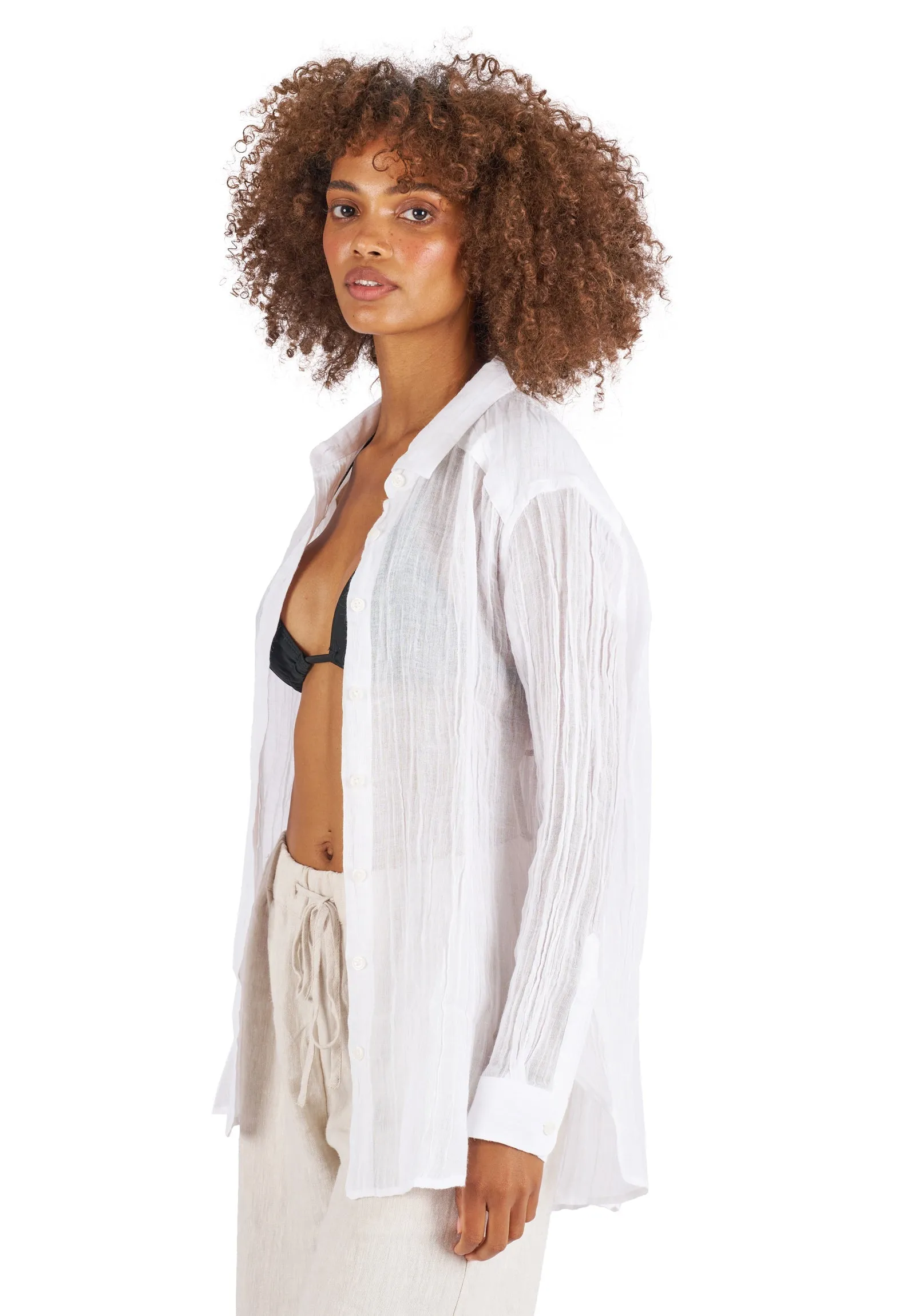 Crinkle-Shirt White Oversized Linen Shirt