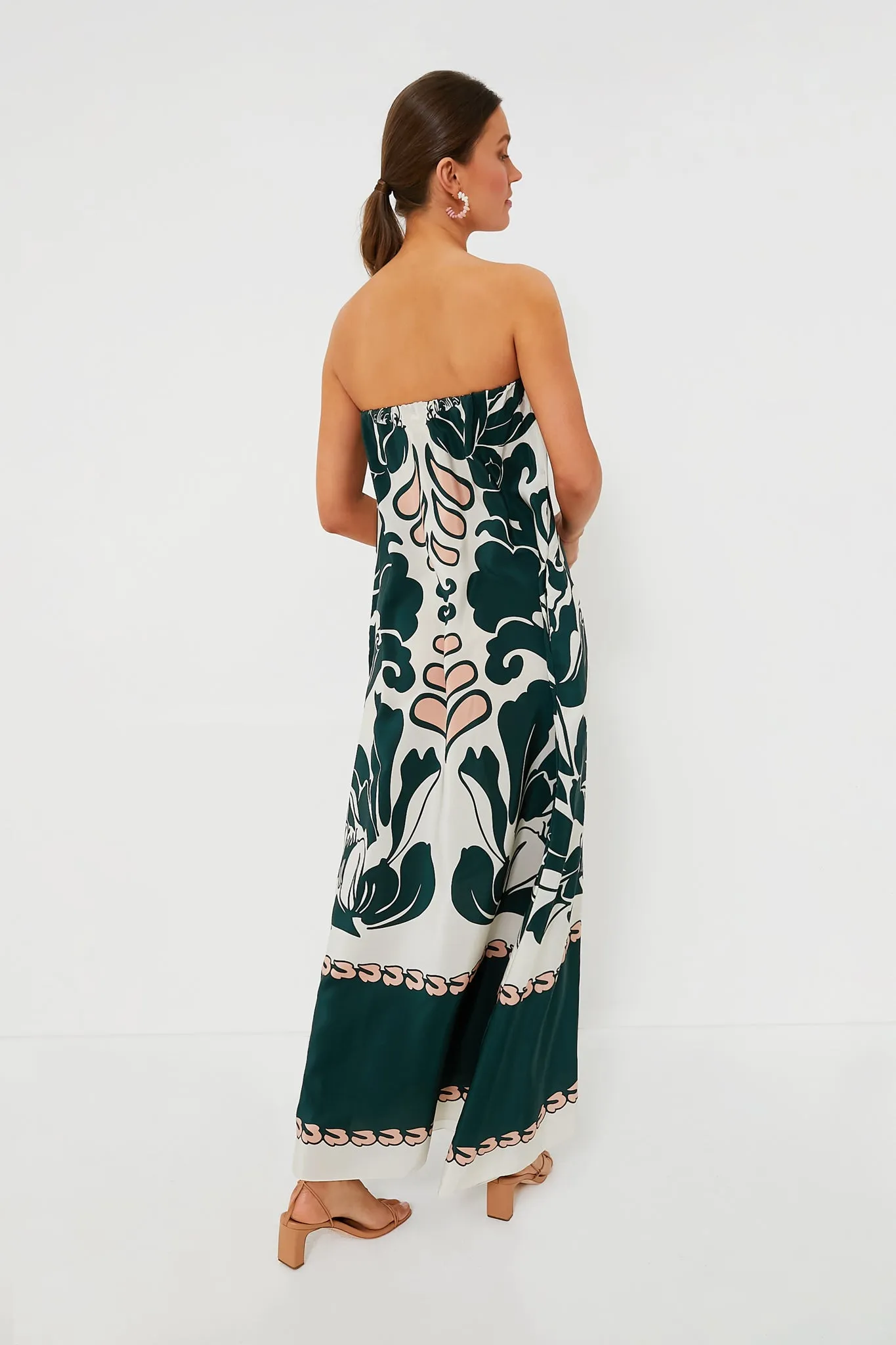 Dark Green Spray of Flowers Strapless Long Dress