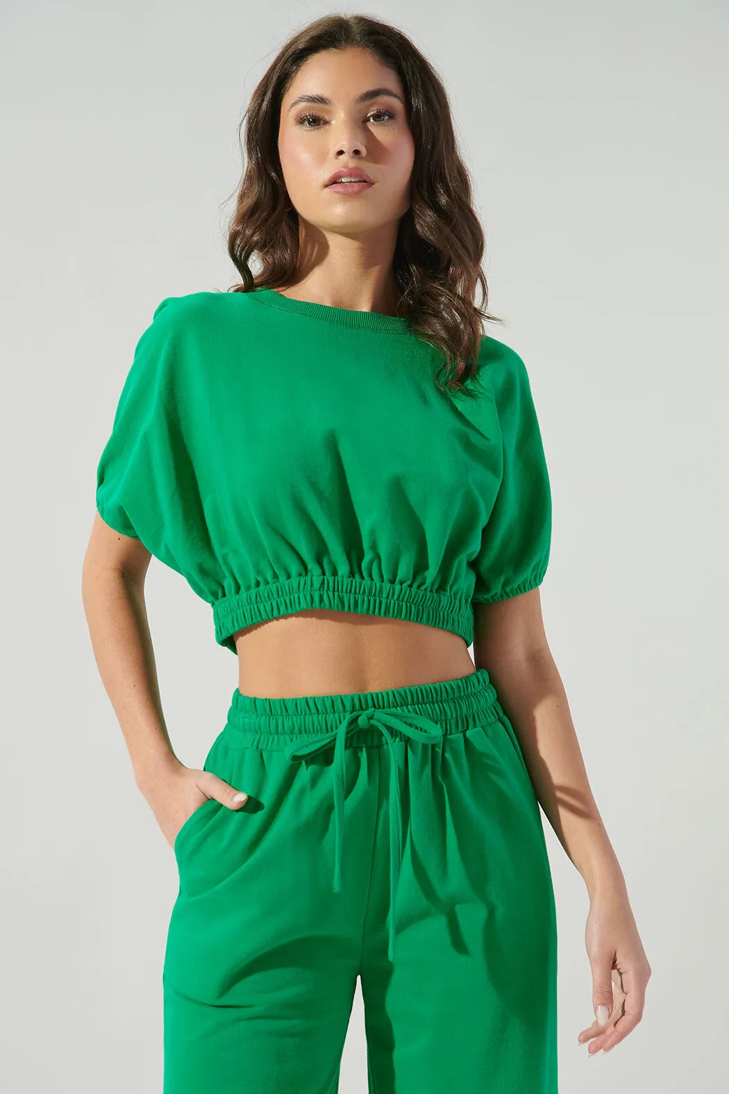 Deanna Dolman Puff Sleeve French Terry Knit Crop Top