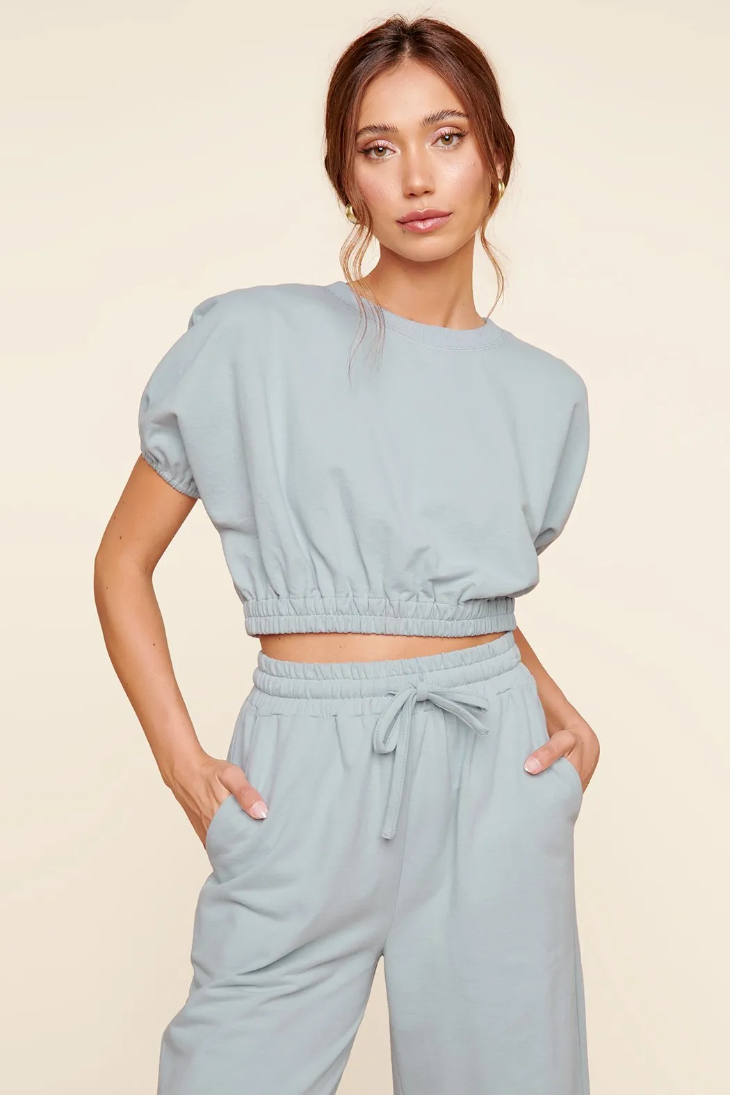 Deanna Dolman Puff Sleeve French Terry Knit Crop Top