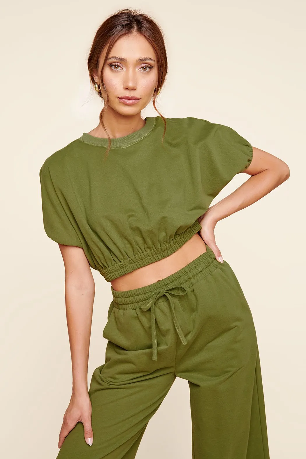 Deanna Dolman Puff Sleeve French Terry Knit Crop Top