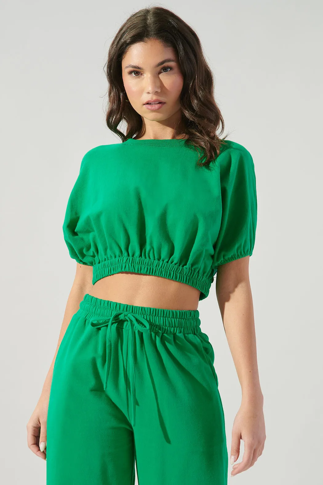 Deanna Dolman Puff Sleeve French Terry Knit Crop Top