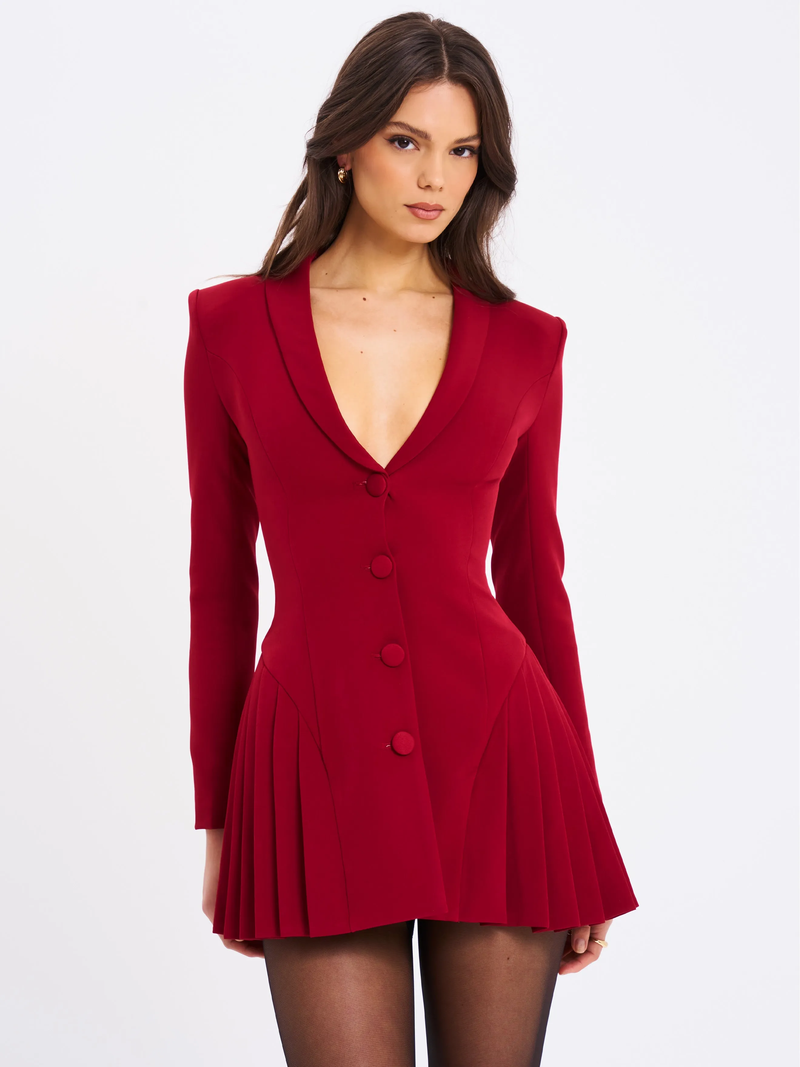 Delia Burgundy Blazer Dress with Pleated Detail