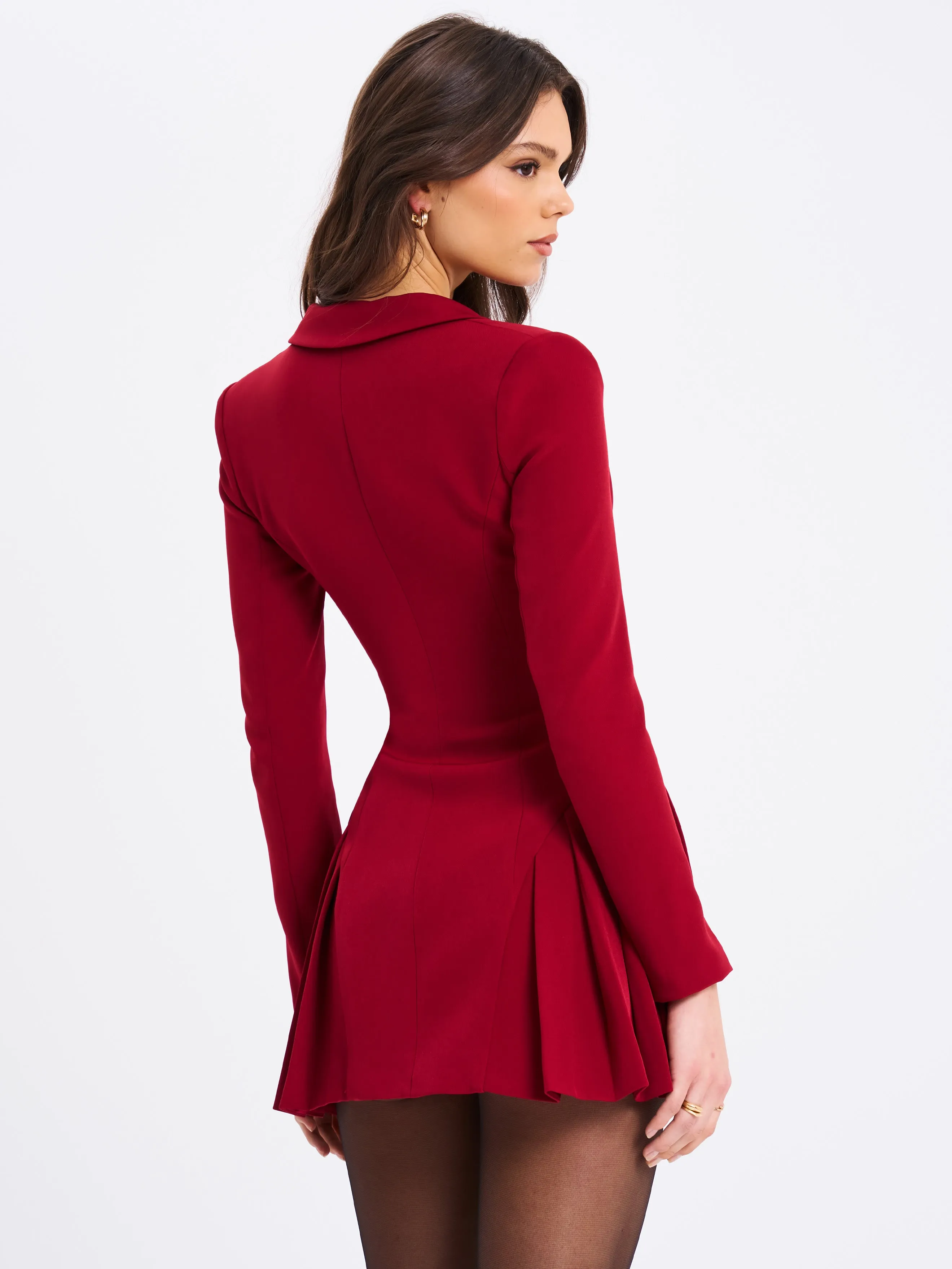 Delia Burgundy Blazer Dress with Pleated Detail