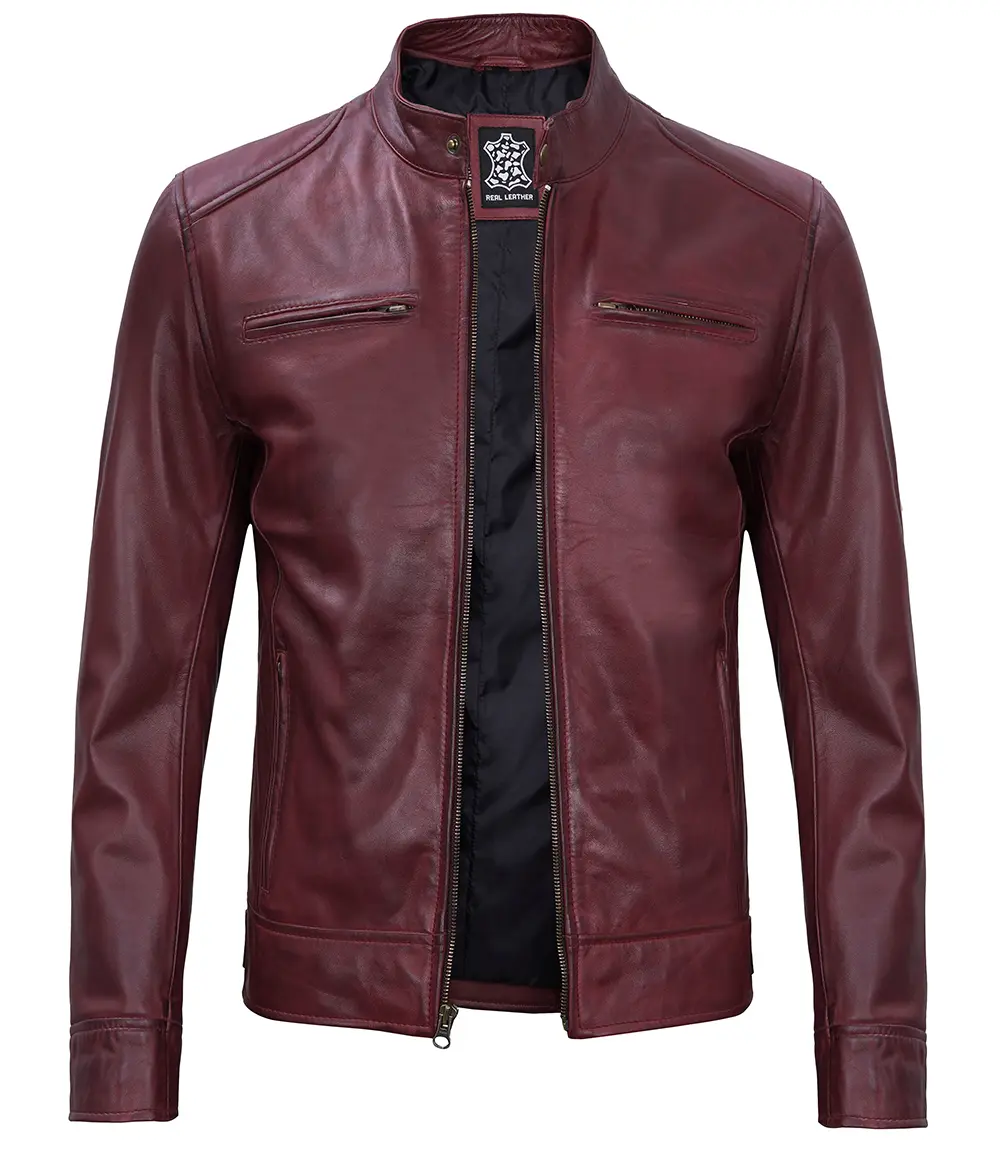 Dodge Men's Maroon Cafe Racer Premium Lambskin Leather Jacket