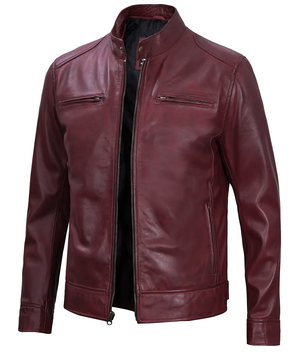 Dodge Men's Maroon Cafe Racer Premium Lambskin Leather Jacket