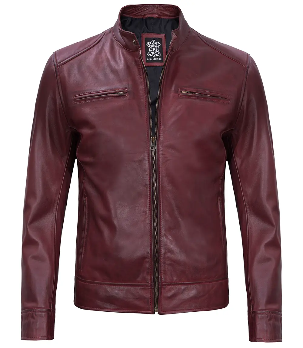 Dodge Men's Maroon Cafe Racer Premium Lambskin Leather Jacket