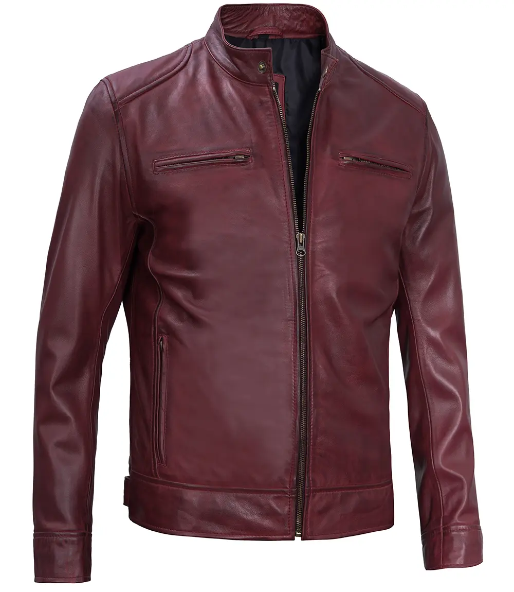 Dodge Men's Maroon Cafe Racer Premium Lambskin Leather Jacket