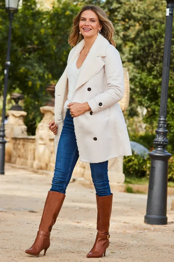 Luxe Faux Shearling Double Breasted Coat in Ecru