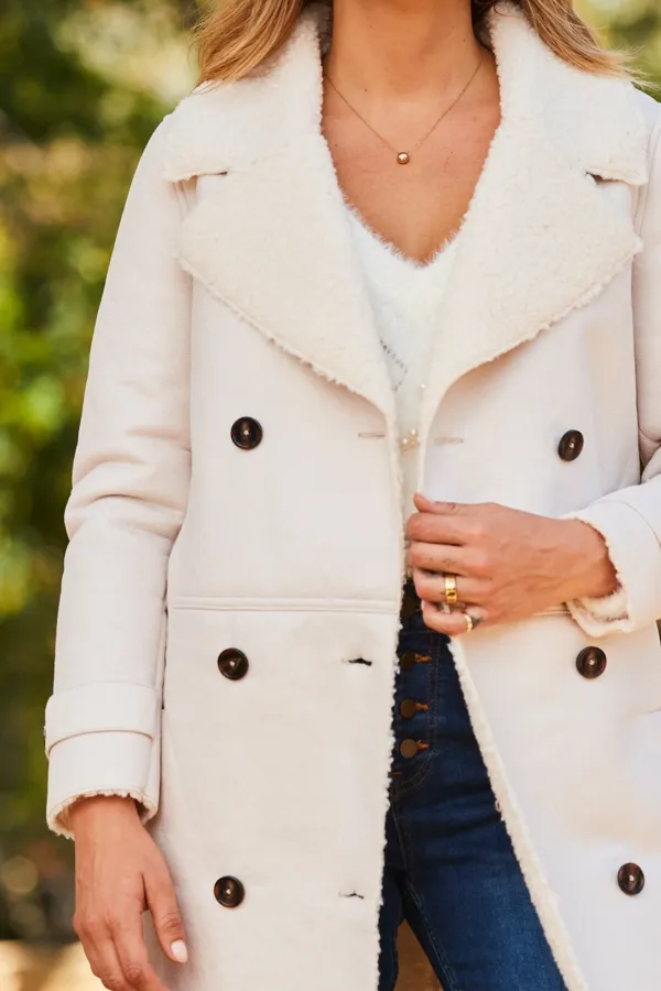 Luxe Faux Shearling Double Breasted Coat in Ecru