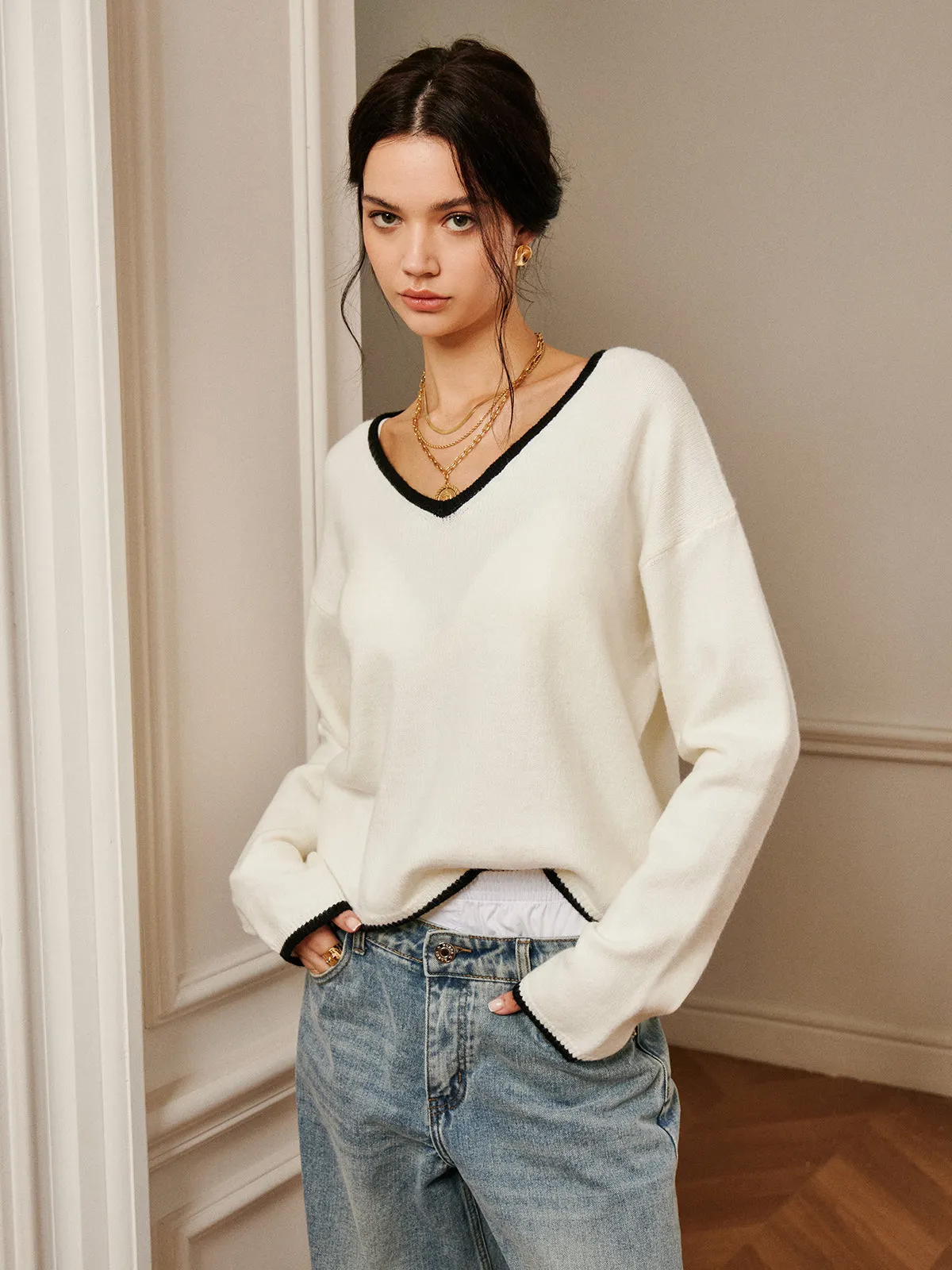 Embroidered Trim Draped Shoulder Knit Top