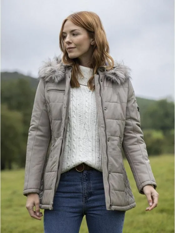 Fairfield Hooded Padded Leather Coat in Stone