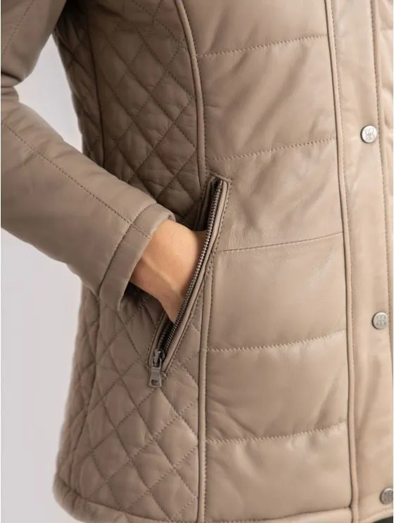 Fairfield Hooded Padded Leather Coat in Stone