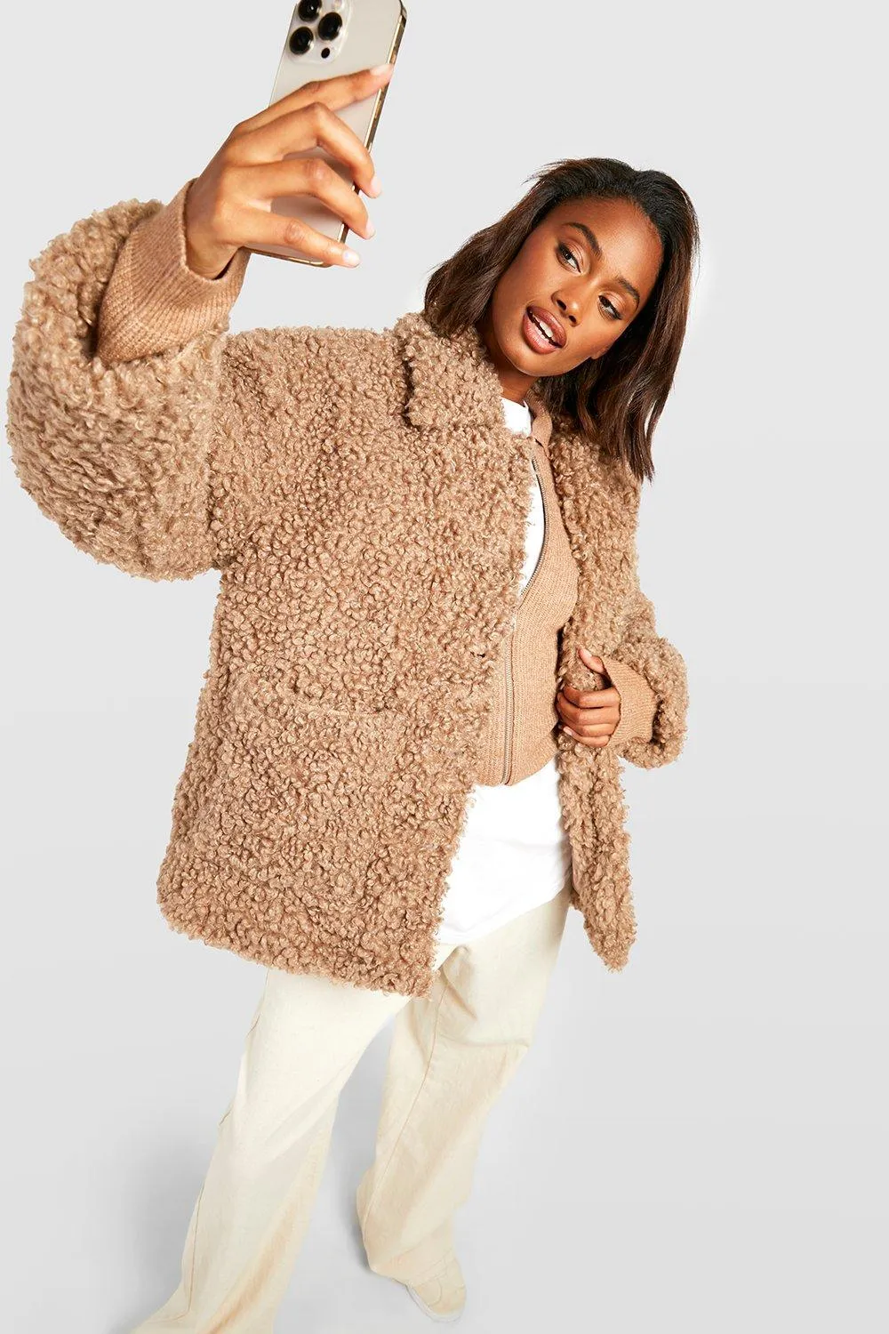 Faux Fur Teddy Button Coat