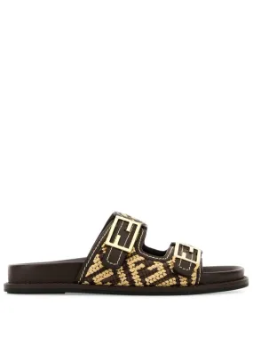 FENDI FF-jacquard raffia slides - Black