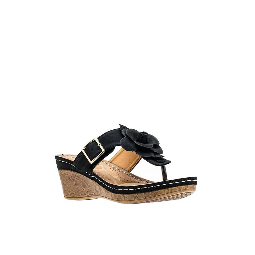 Flora Black Wedge Sandals