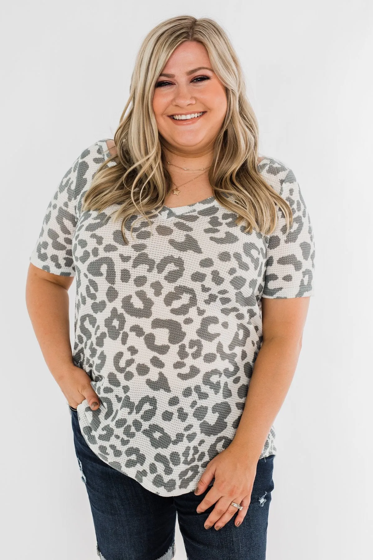 Ivory and Grey Leopard Knit Top