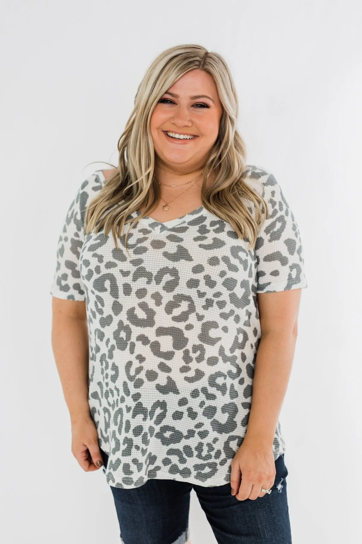 Ivory and Grey Leopard Knit Top