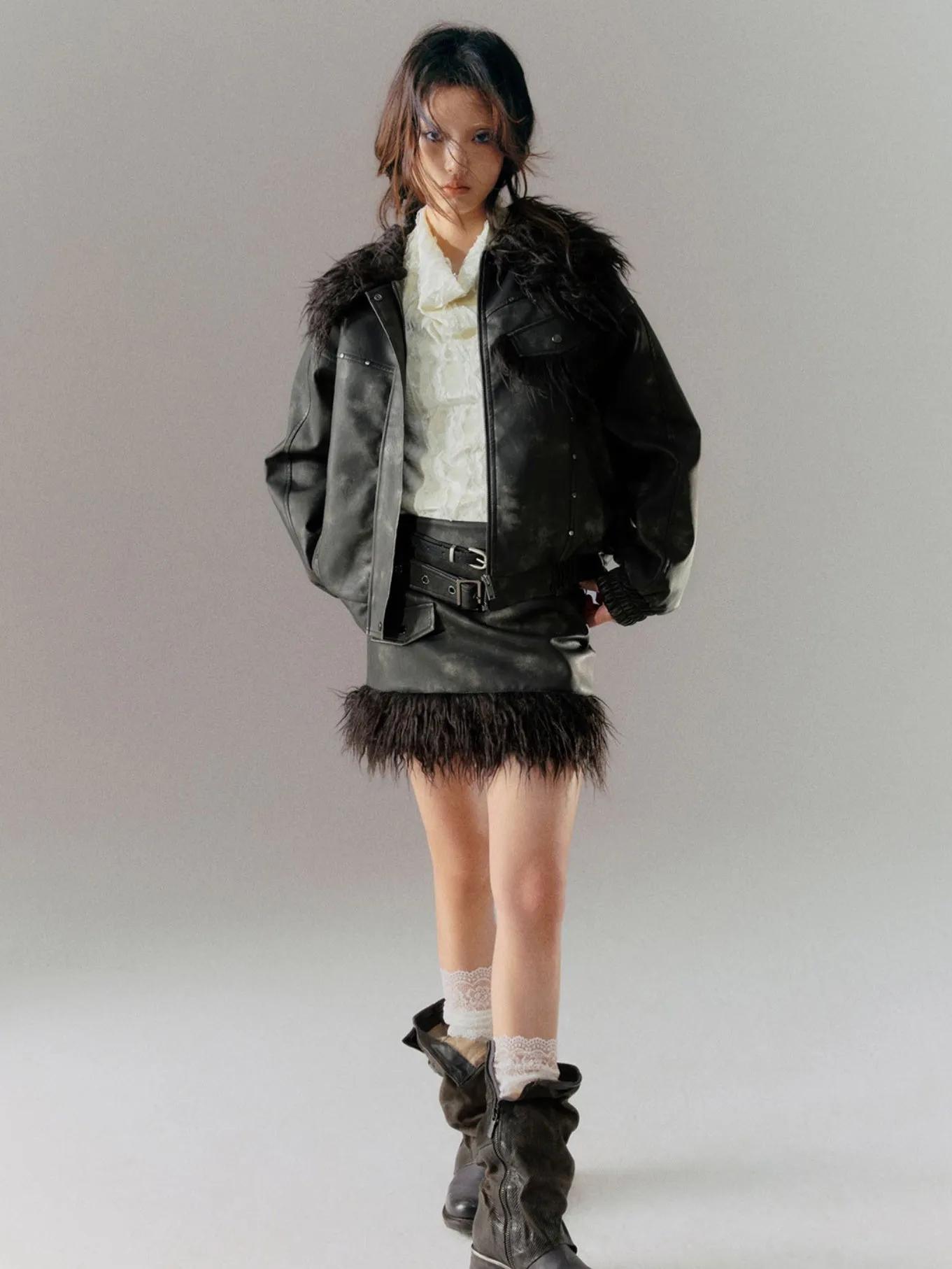 Fur Collar Splicing Tie-dye Leather Jacket