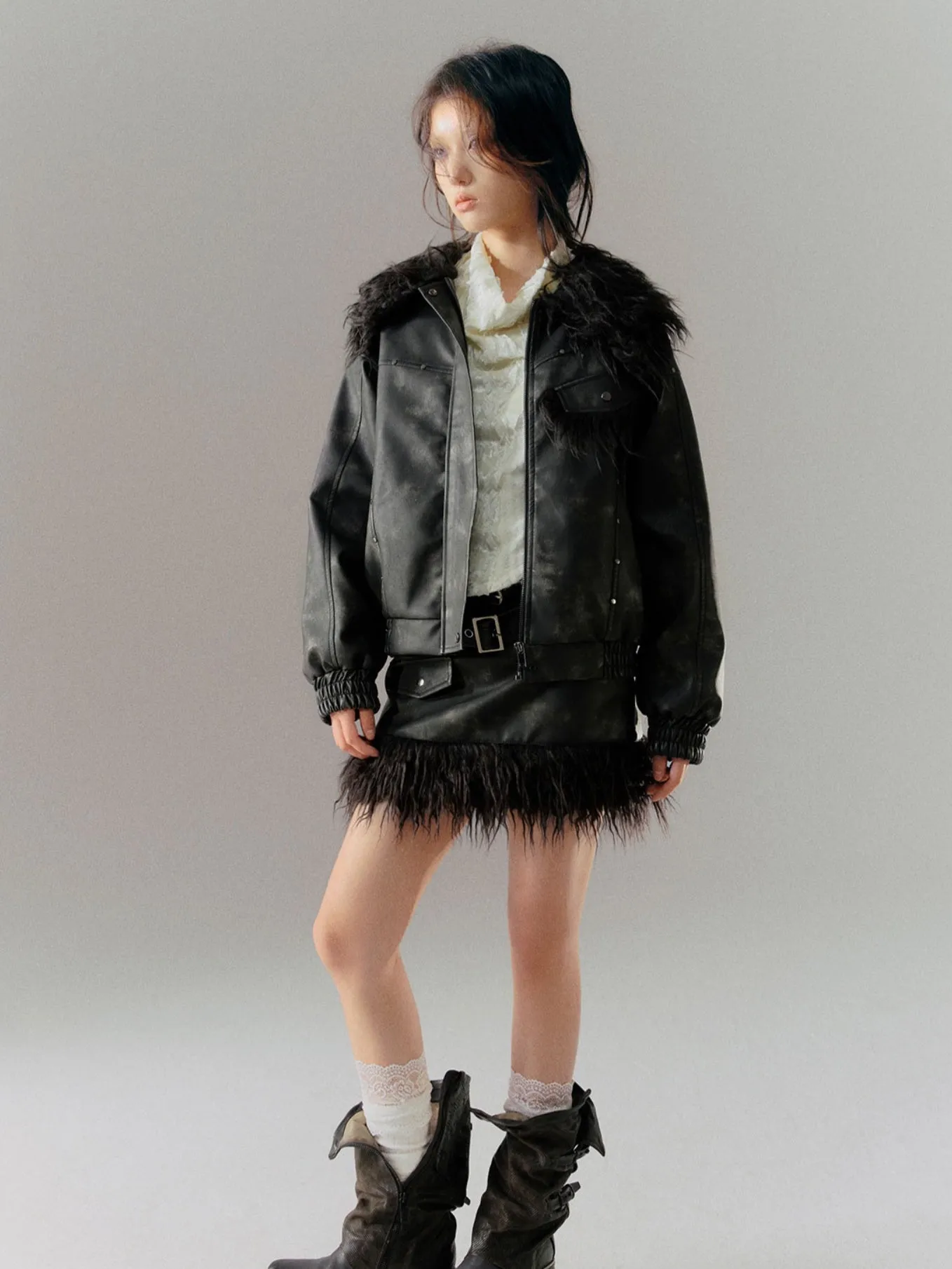 Fur Collar Splicing Tie-dye Leather Jacket