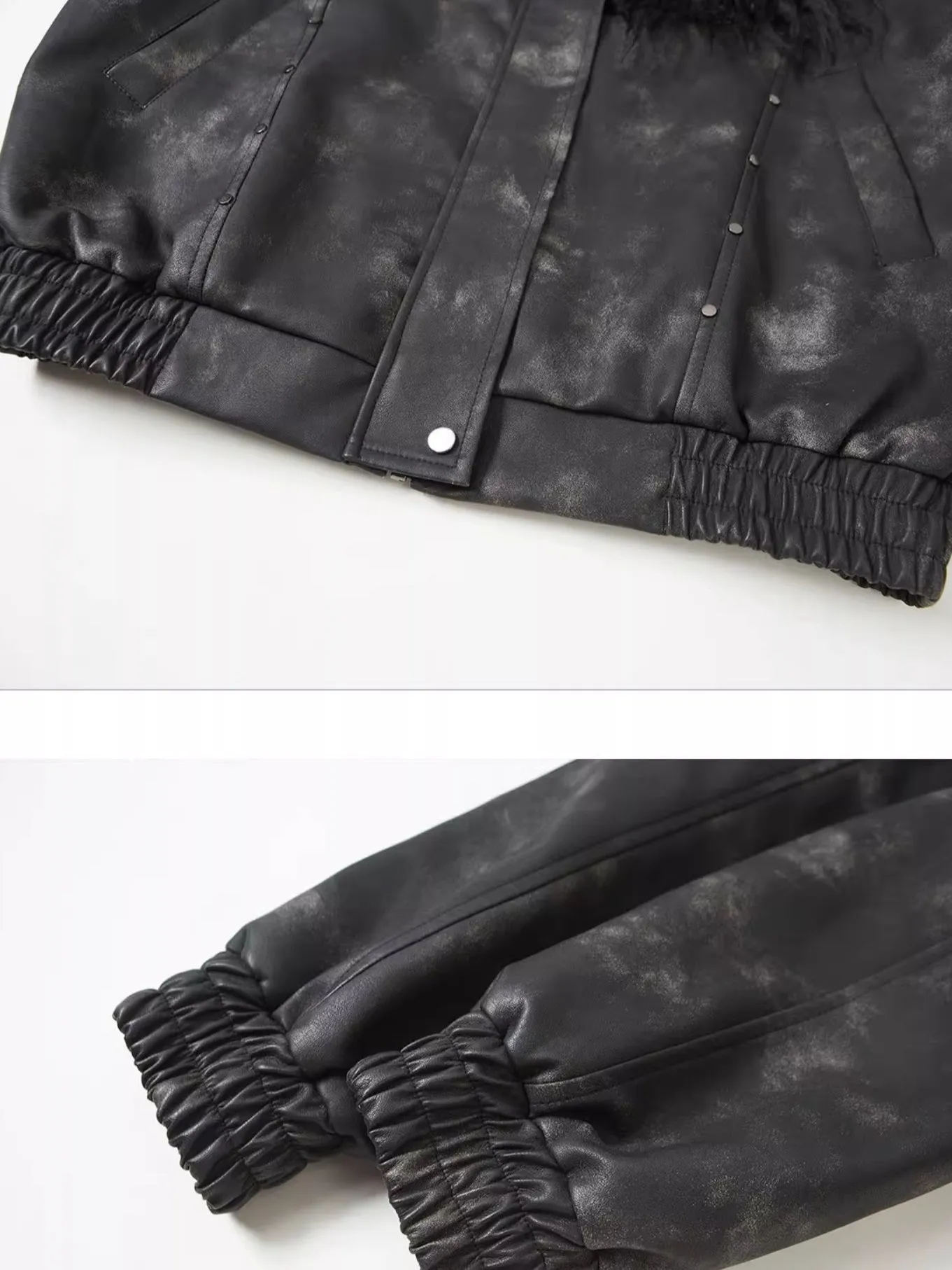 Fur Collar Splicing Tie-dye Leather Jacket