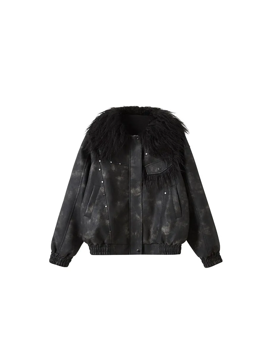 Fur Collar Splicing Tie-dye Leather Jacket