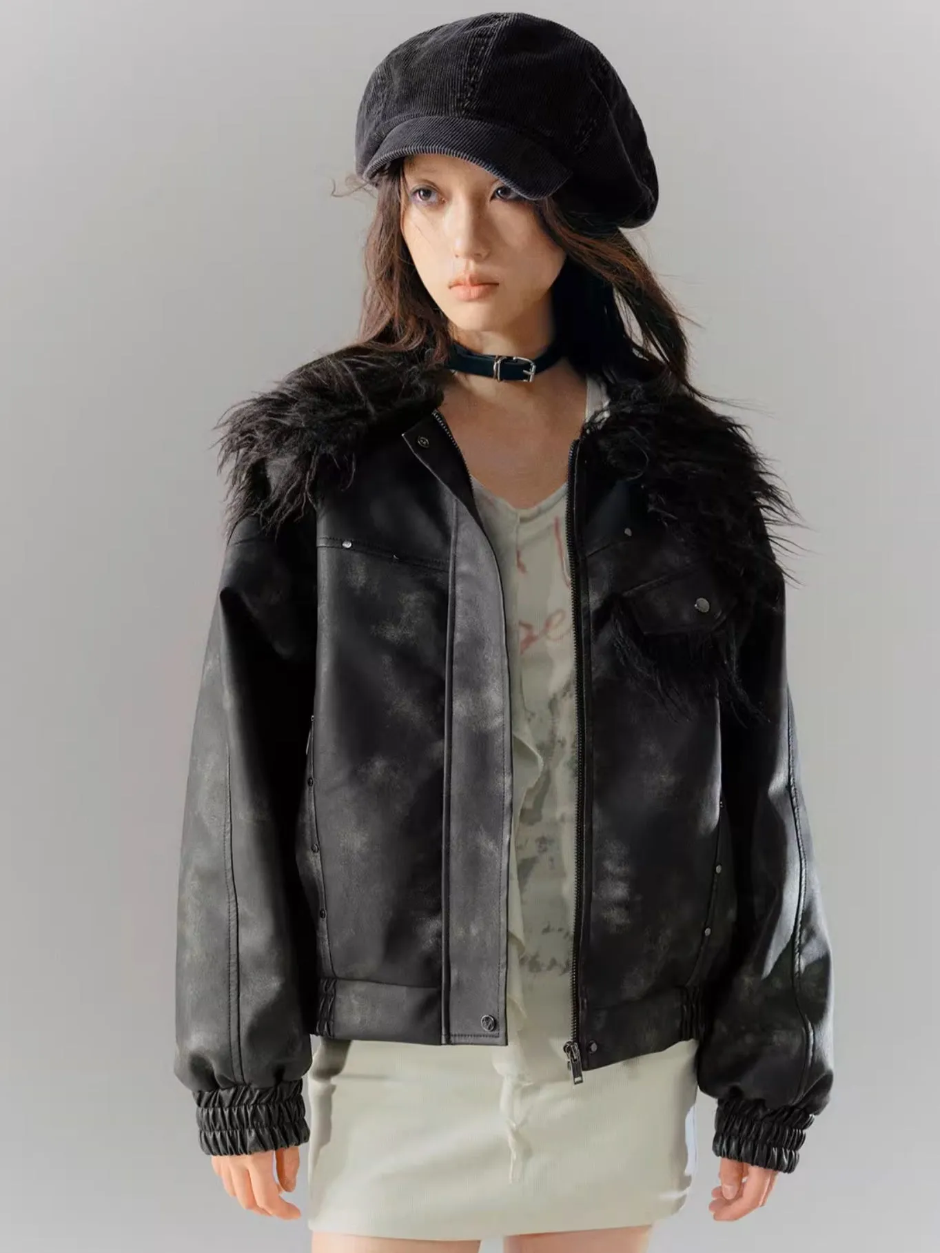 Fur Collar Splicing Tie-dye Leather Jacket